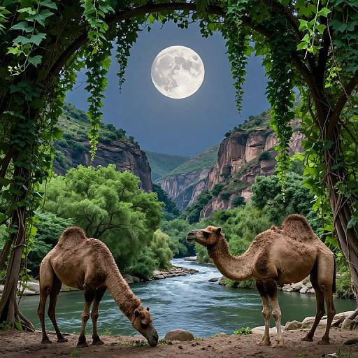 Surreal Moonlit Camels in Canyon