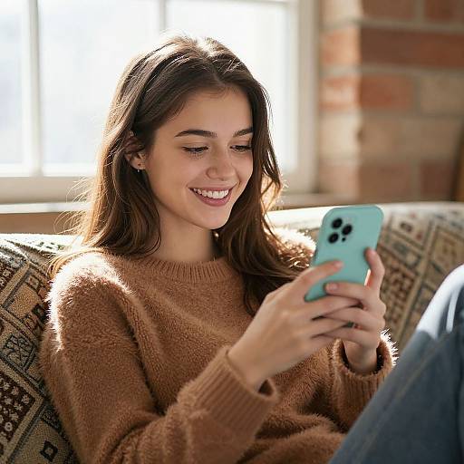 Photograph of a smiling young woman with long brown hair, wearing a cozy brown sweater, sitting on a patterned couch, holding a light blue smartphone