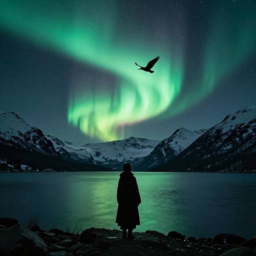 Silhouetted person in long coat stands by icy lake, watching northern lights and flying bird under starry night sky, surrounded by snowy mountains.
