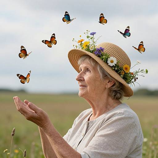 Photograph of an elderly woman in a straw hat with flowers, smiling as seven butterflies hover above her outstretched hands in a sunny meadow.