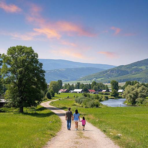 Photograph of three people (two adults, one child) walking on a gravel path through a green, hilly countryside, with a village and trees