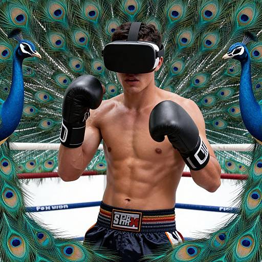 Muscular shirtless man in black boxing gloves and VR headset, peacock feathers backdrop, boxing ring, 