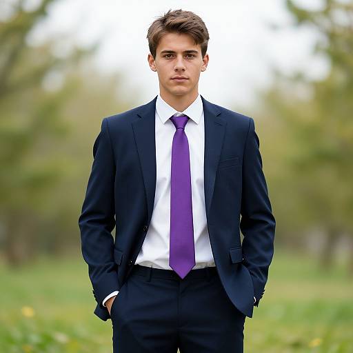 Photograph of a young man with short brown hair, wearing a dark blue suit, white shirt, and purple tie, standing confidently with hands in pockets