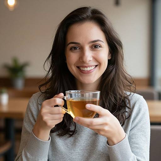 Smiling Woman Enjoying Tea