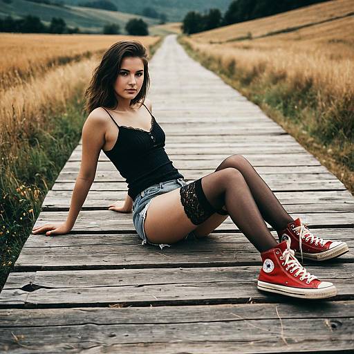 Young Woman Lounging on Rustic Boardwalk