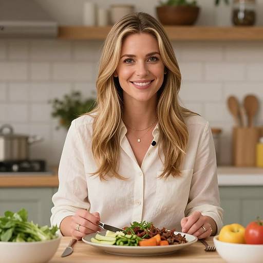 Photograph of a smiling blonde woman with wavy hair, wearing a white button-up shirt, serving a colorful salad in a bright, modern kitchen.