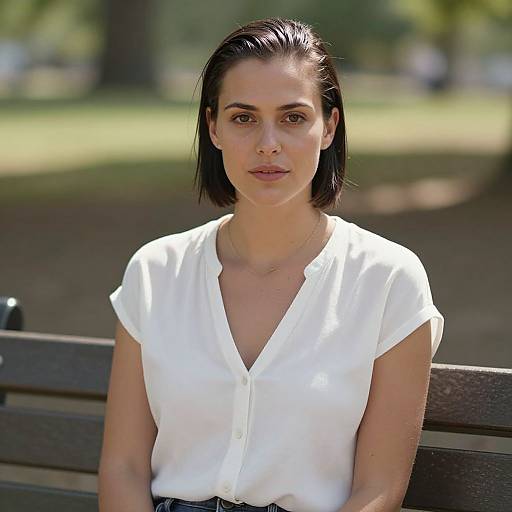 Photograph of a young woman with straight black hair, wearing a white button-up shirt, sitting on a park bench, daytime.