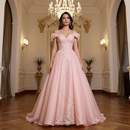 Photograph of a beautiful woman in an off-the-shoulder, pink lace ball gown, standing in an elegant, chandelier-lit room.