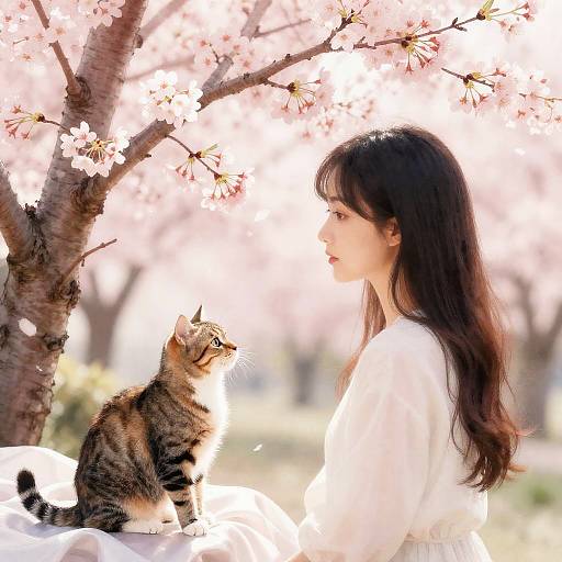 Young Woman and Tabby Cat by Cherry Blossoms