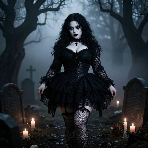 Gothic woman with long black hair, lace dress, fishnet stockings, dark lipstick, standing in a foggy cemetery with lit candles. Digital