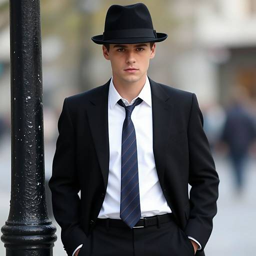 Photograph of a young Caucasian man with fair skin, wearing a black suit, white shirt, blue striped tie, and black fedora, standing in