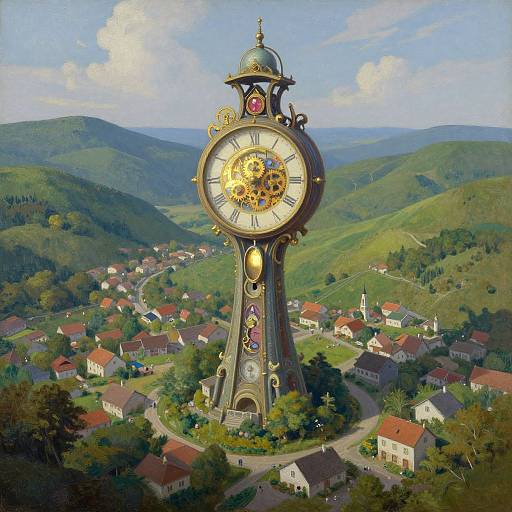 Photograph-style digital painting of a tall, ornate clock tower with golden gears, set in a lush, green hillside village.
