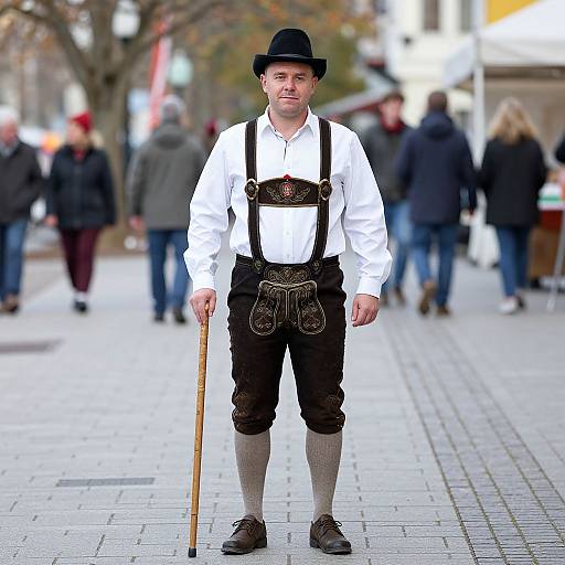 Photograph of a middle-aged man in traditional Bavarian attire: white shirt, black lederhosen, black suspenders, gray knee socks,