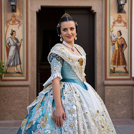 Photograph of a South Asian woman in an ornate, light blue and white embroidered ball gown, standing in front of a classical building with religious paintings