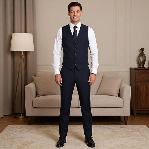 Photograph of a smiling man with short dark hair, wearing a white shirt, black vest, and trousers, standing in a stylish living room with a