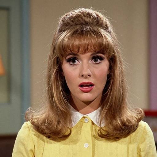 Photograph of a young woman with 1960s-inspired, voluminous brown hair, bangs, and a yellow button-up shirt with a white