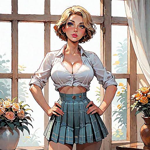 Blonde Woman in Plaid Skirt by Window
