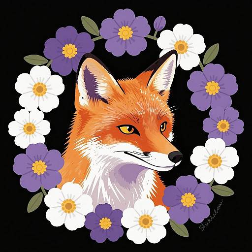 Fox Portrait with Floral Wreath