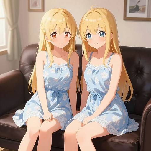 Digital anime-style illustration of two blonde sisters with red and blue eyes, wearing blue floral sundresses, sitting on a black leather couch in a sunlit