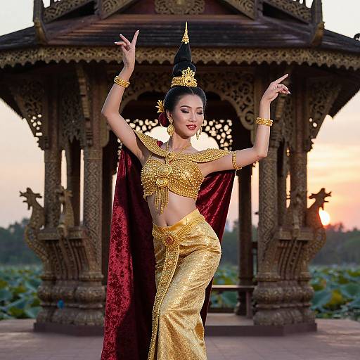 Photograph of an Asian dancer in gold and red traditional costume, performing in front of an ornate wooden pavilion at sunset.
