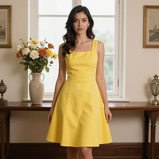 Photograph of an Asian woman with long black hair, wearing a bright yellow sleeveless dress, standing in a sunlit room with a wooden table,
