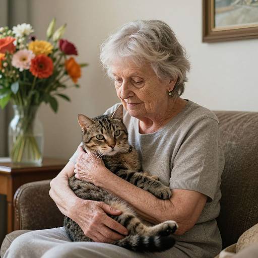 Photograph of an elderly woman with short white hair, wearing a gray shirt, hugging a tabby cat, with a colorful flower vase in the