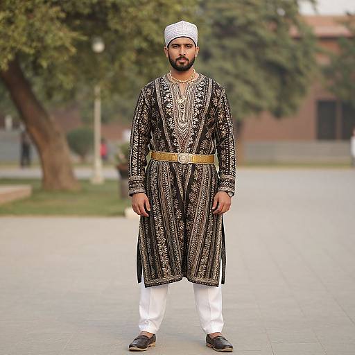 Photograph of a bearded man in traditional South Asian attire: black embroidered kurtah, white turban, white pants, brown belt, standing