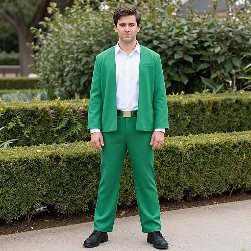 Photograph of a young man with short dark hair, wearing a vivid green suit, white shirt, black shoes, standing in front of trimmed green h
