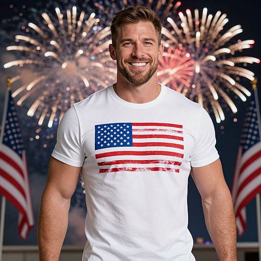 Photograph of a smiling, bearded man with short brown hair wearing a white t-shirt with a red and blue American flag design, standing in front