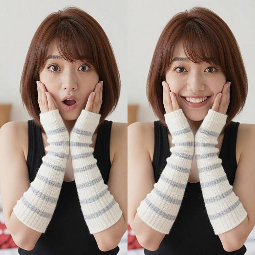 Photograph of an Asian woman with short brown hair, wearing a black sleeveless top and white striped fingerless gloves, surprised on the left, smiling