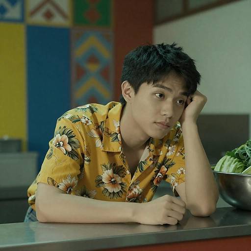 Young Asian Man in Yellow Floral Shirt Leaning on Counter