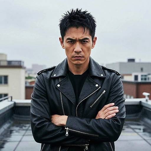 Photograph of a serious, Asian man with spiky black hair, wearing a black leather jacket, standing with arms crossed on a rooftop. Background: