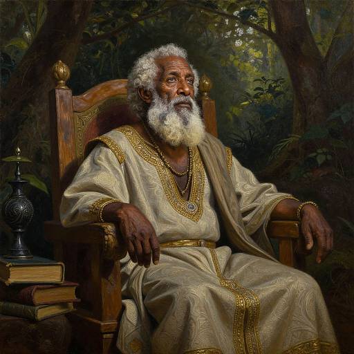 Digital painting of an elderly, wise-looking man with a white beard, wearing an ornate, gold-embroidered, beige robe, sitting on