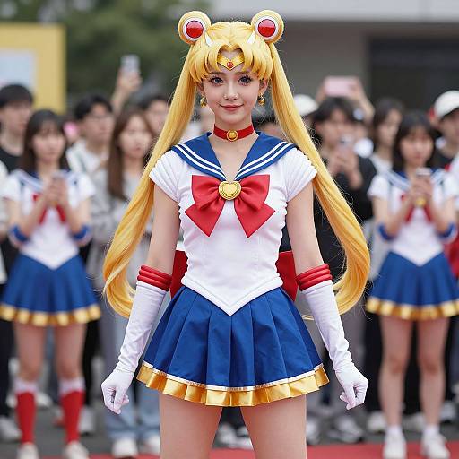 Photograph of an Asian woman cosplaying Sailor Moon with long blonde hair, white gloves, blue skirt, and red bow, standing in front of a