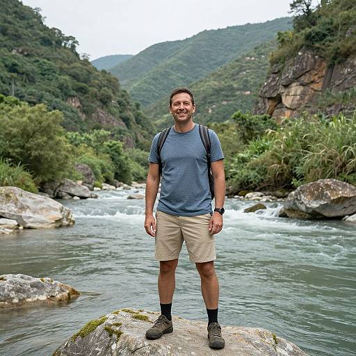 Photograph of a smiling man with short brown hair, wearing a blue t-shirt, beige shorts, black socks, and hiking boots, standing on a