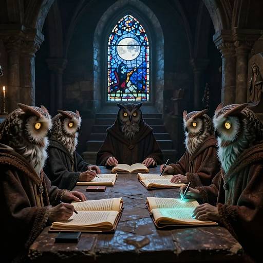 Photograph-style digital artwork: Four owl-headed monks with glowing yellow eyes, in dark robes, sit around a wooden table in a dimly lit,