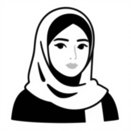 Black-and-white digital drawing of a woman wearing a headscarf, with simple, bold lines and minimal detail, featuring a neutral expression.