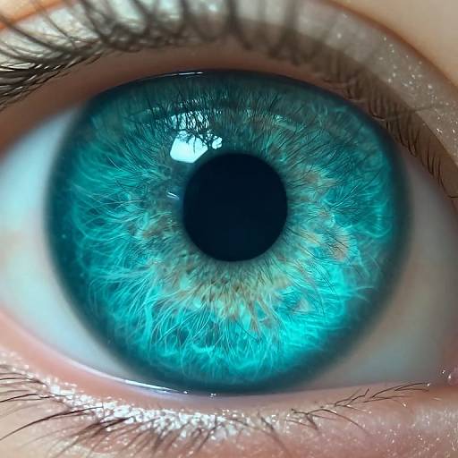 Close-up photograph of a vivid, bright blue human eye with intricate, radiating light blue and green iris patterns, surrounded by fine black eyelashes and