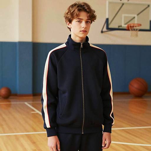 Photograph of a young white boy with curly brown hair, wearing a black tracksuit with white stripes, standing in a brightly lit basketball gym with blue