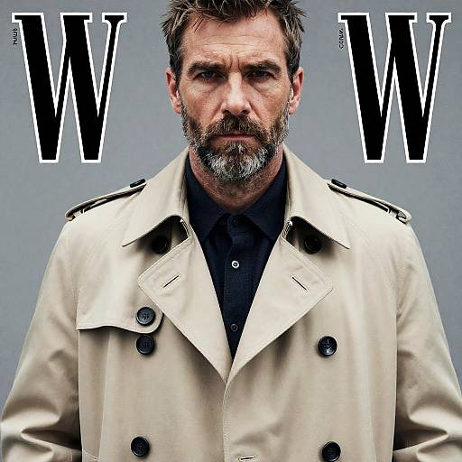 Photograph of a serious, bearded man with gray hair in a beige trench coat, black shirt, and black buttons, against a gray background with