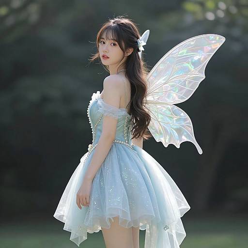 Photograph of an Asian woman with long black hair, wearing a white, off-shoulder, sparkly fairy dress and translucent butterfly wings, standing