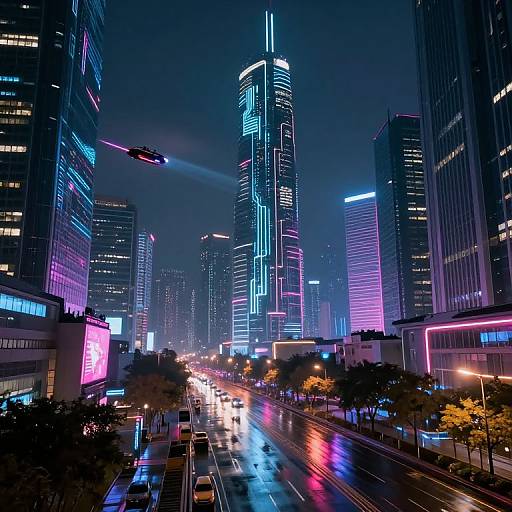 Neon-lit, futuristic cityscape photograph at night, showcasing vibrant blue, pink, and purple skyscraper lights, with a helicopter flying above and