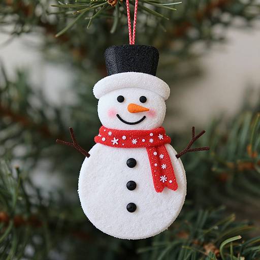 Photograph of a fluffy, felt snowman ornament with black top hat, red scarf, orange nose, black buttons, hanging from a pine tree.