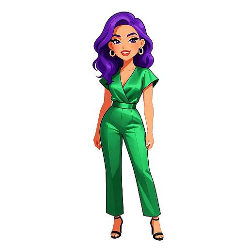 Digital illustration of a stylish woman with purple hair, wearing a green, short-sleeved, wrap jumpsuit and black heels, standing confidently against a
