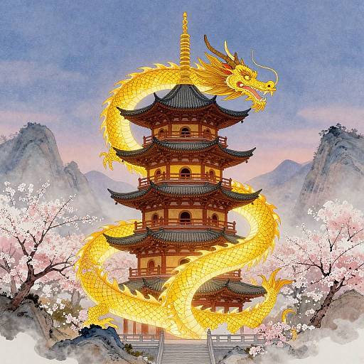 Yellow Dragon Wrapped Around Pagoda