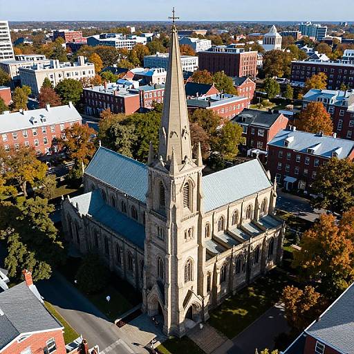 Aerial photograph of a Gothic-style stone church with a tall spire, surrounded by autumn-colored trees and red-brick buildings.
