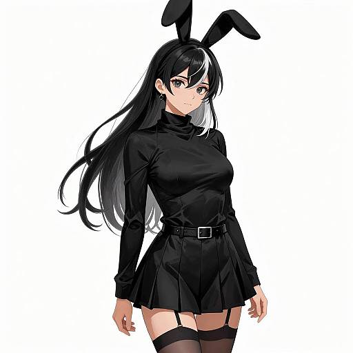 Anime-style digital drawing of a black-haired woman with bunny ears, wearing a black turtleneck and skirt, thigh-high stockings, and a belt,