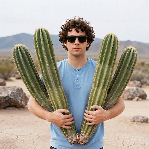 Man with Cacti in Desert Landscape