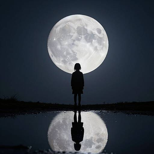 Silhouetted child stands before giant full moon, reflected in still water, under a dark, starless night sky. Photograph.
