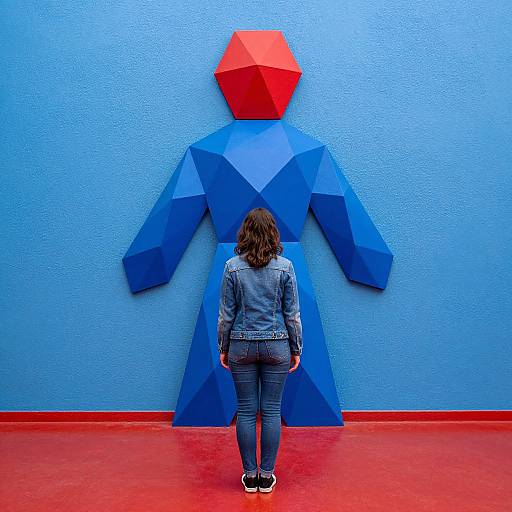Photograph of a woman with curly brown hair in a blue denim jacket and jeans, standing before a large, geometric, blue and red 3D